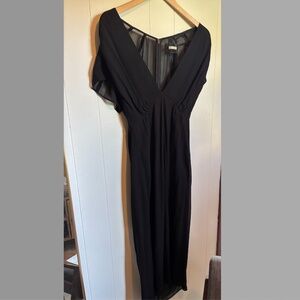 Deep V Black Reformation Midi Dress with Mesh Sleeves